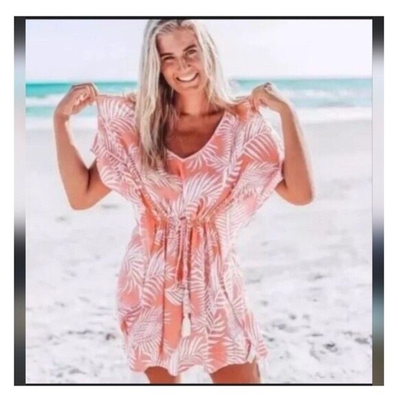CLEOBELLA Swim Coverup Dreamy Sunset Kaftan One Size Tropical Coral Palm Beach - Picture 1 of 10